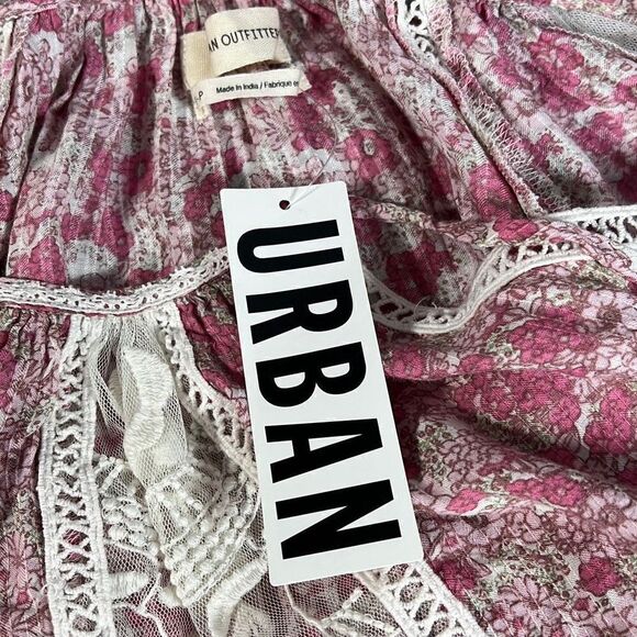 Urban Outfitters Women's Floral Blouse Mesh Sleeve Top Pleated Pink Rose Small - Picture 6 of 13